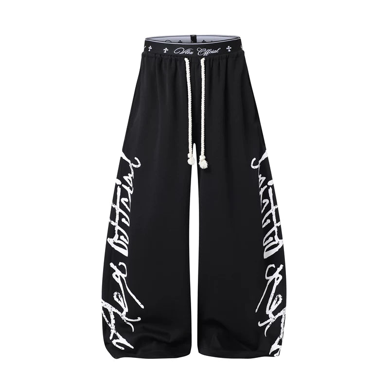 6266855794393,6266855794394,6266855794395,6266855794396, Graffiti Print Double Waistband Wide-Leg Pants