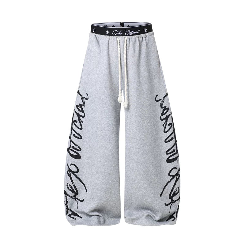 6266855794401,6266855794402,6266855794403,6266855794404, Graffiti Print Double Waistband Wide-Leg Pants
