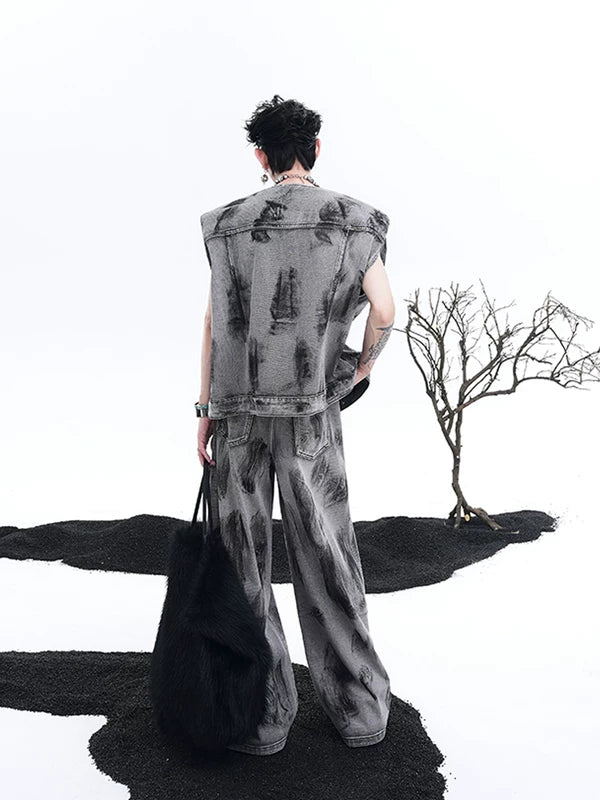 Graffiti Print Padded Shoulder Denim Vest 4