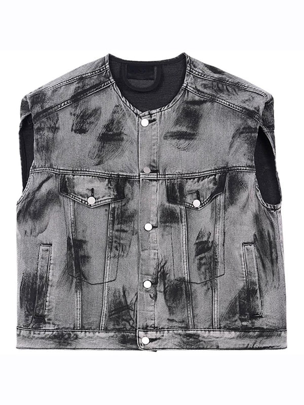 Graffiti Print Padded Shoulder Denim Vest 5