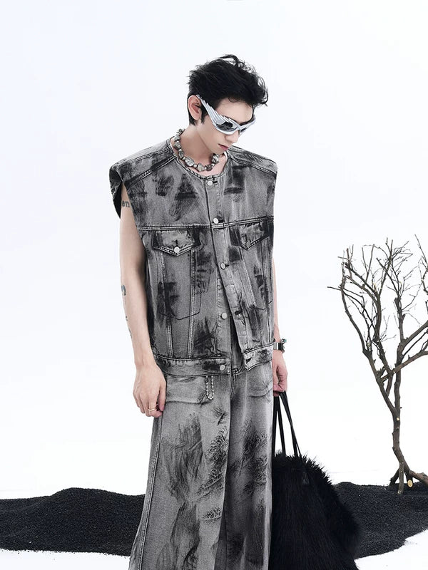 5562861051525,5562861051523,5562861051524,5562861051522, Graffiti Print Padded Shoulder Denim Vest