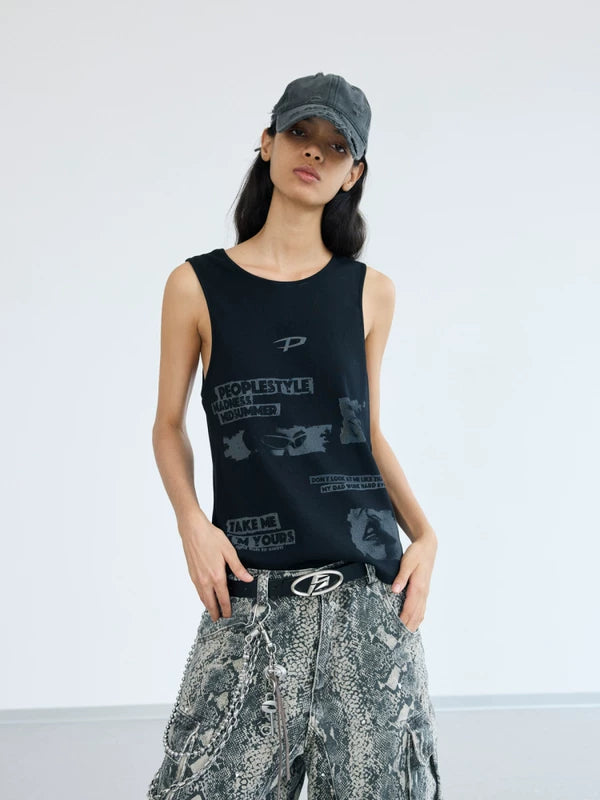 Graffiti Print Ribbed Knit Punk Vest 1
