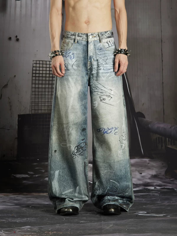 Graffiti Print Straight Leg Jeans 1
