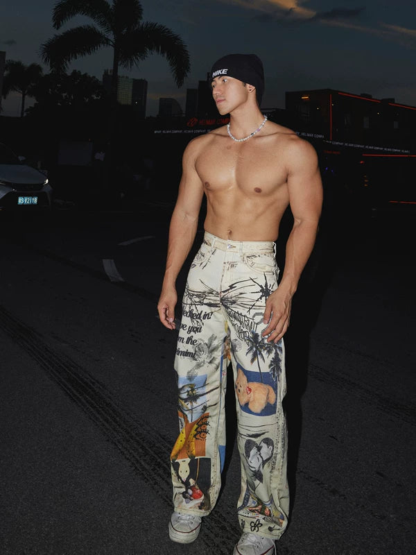 Graffiti Print Wide-Leg Denim Pants 1