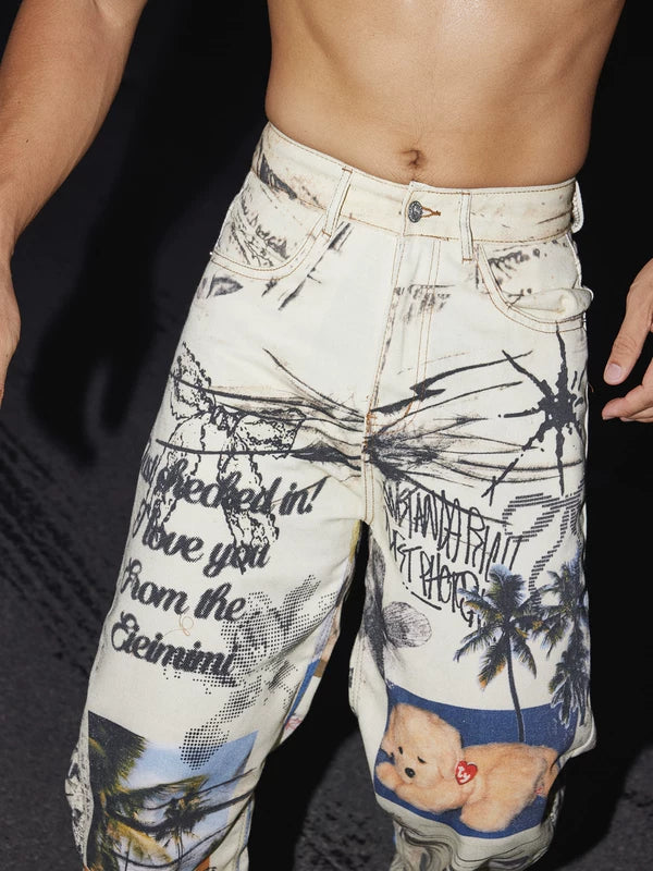 Graffiti Print Wide-Leg Denim Pants 3