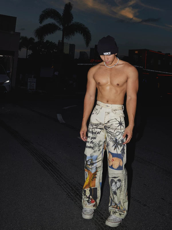 Graffiti Print Wide-Leg Denim Pants 4