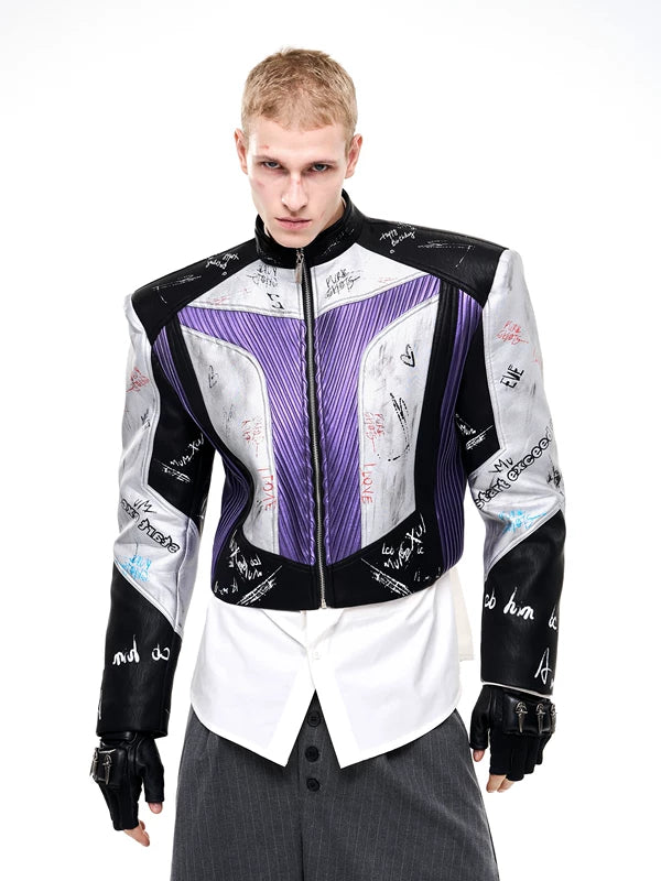 Graffiti Stand Collar Racing Leather Jacket 2