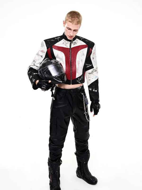 Graffiti Stand Collar Racing Leather Jacket 3