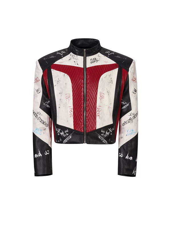 Graffiti Stand Collar Racing Leather Jacket 5
