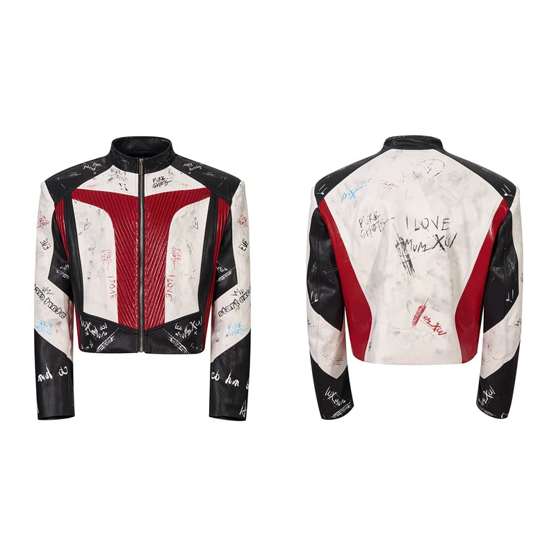 6107640303634,6107640303635,6107640303636,6107640303637, Graffiti Stand Collar Racing Leather Jacket