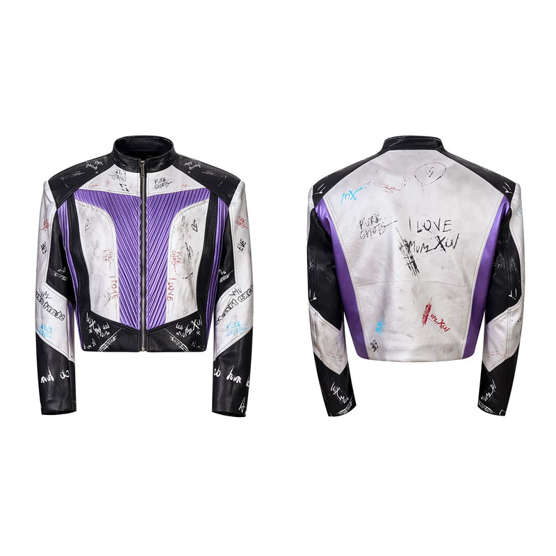 6107640303638,6107640303639,6107640303640,6107640303641, Graffiti Stand Collar Racing Leather Jacket