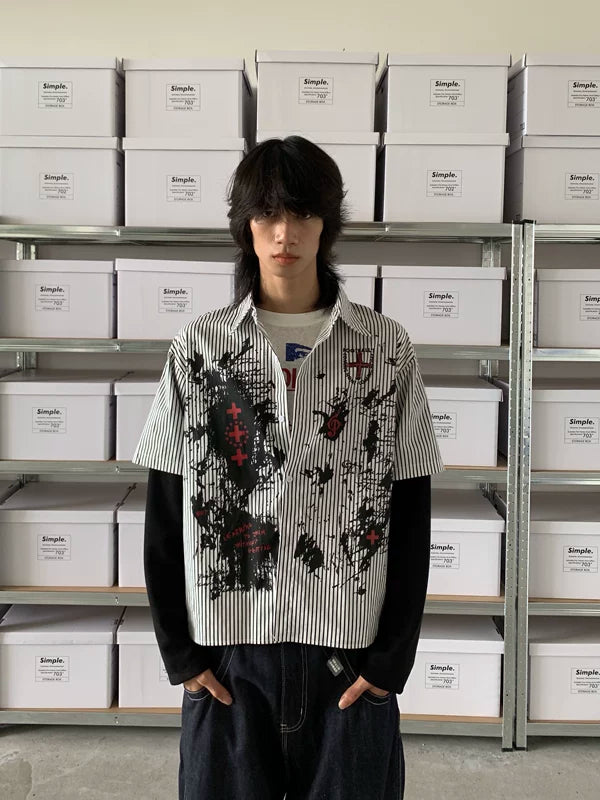 ,6071416306402,6071416306403,6071416306404, Graffiti Stripe Faux Layered Long Sleeve Shirt
