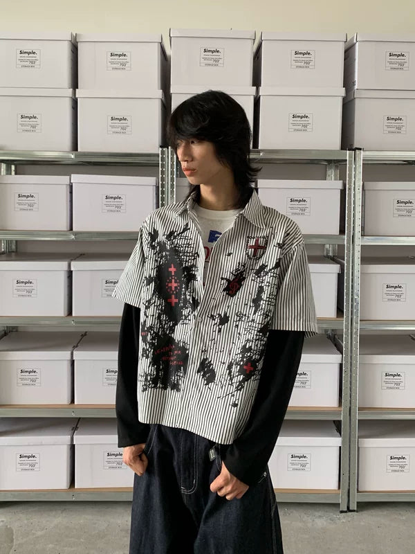 Graffiti Stripe Faux Layered Long Sleeve Shirt 2