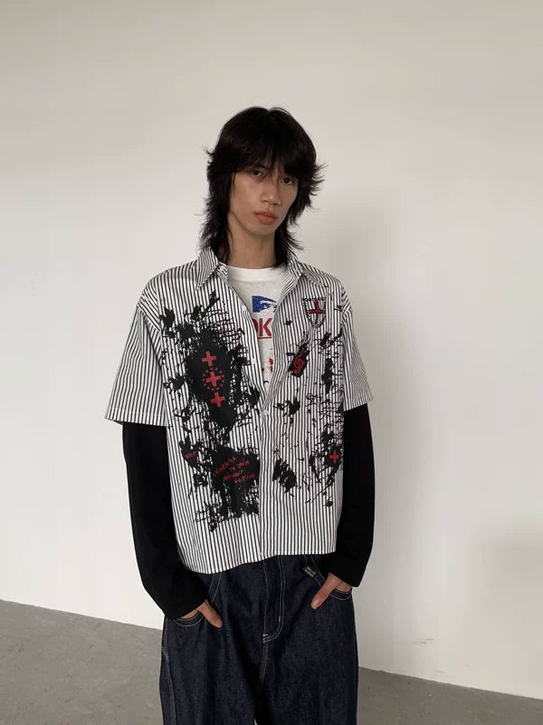 Graffiti Stripe Faux Layered Long Sleeve Shirt 3