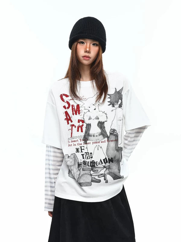Graphic Faux Two-Piece Long-Sleeve T-Shirt 1