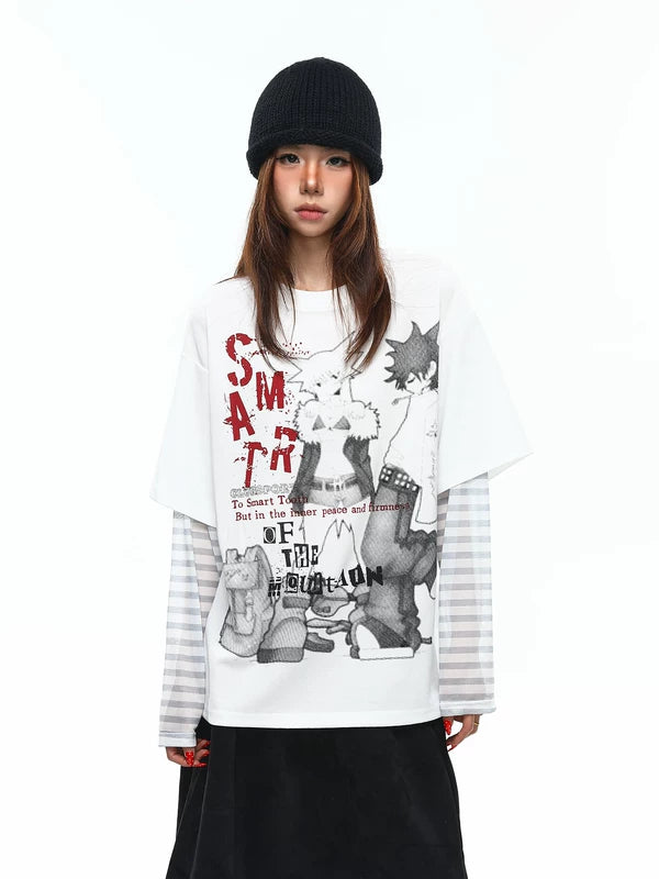 Graphic Faux Two-Piece Long-Sleeve T-Shirt 4
