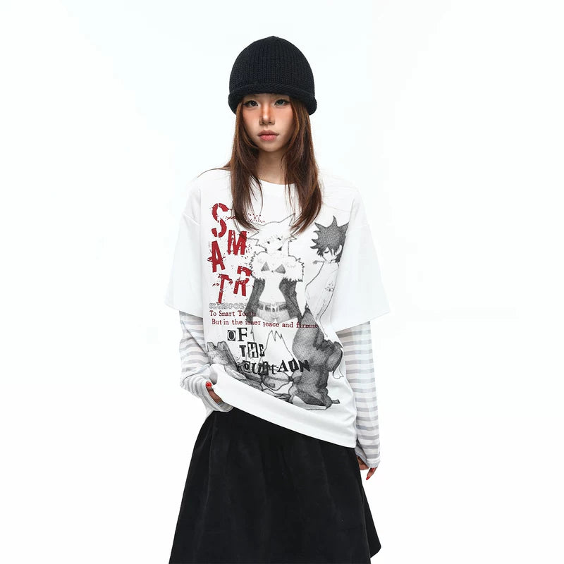 6192322822525,6192322822526,6192322822527, Graphic Faux Two-Piece Long-Sleeve T-Shirt