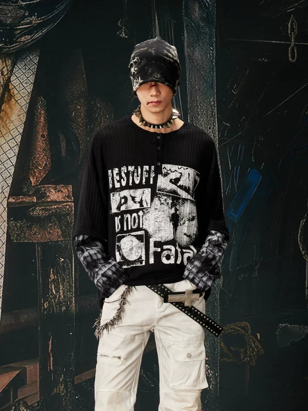 Graphic Henley Patchwork Long Sleeve T-Shirt 1