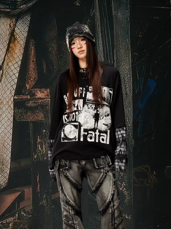 Graphic Henley Patchwork Long Sleeve T-Shirt 2