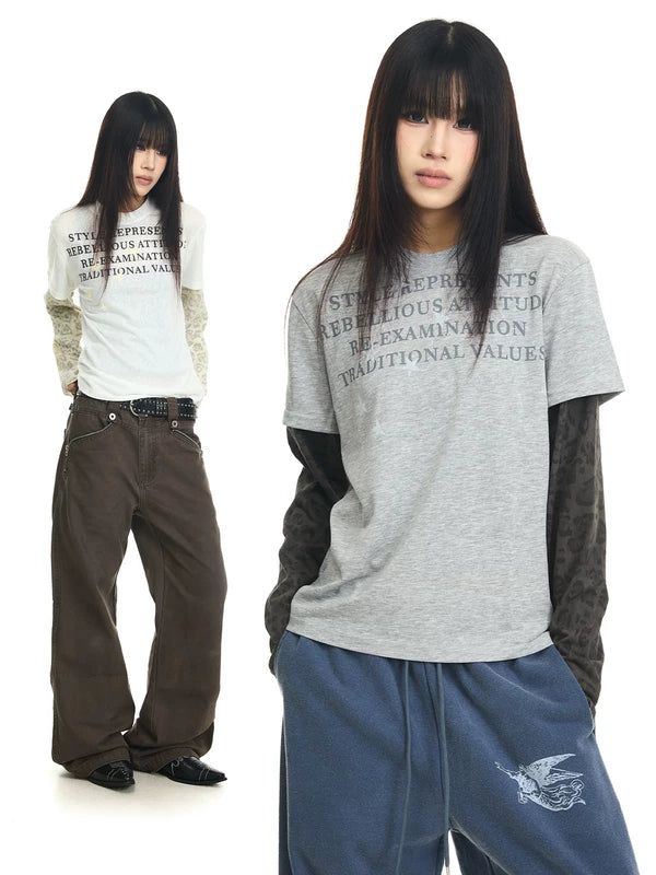 Graphic Print Faux Two-Piece Long-Sleeve T-Shirt 1