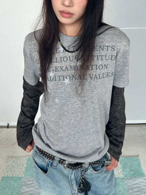 Graphic Print Faux Two-Piece Long-Sleeve T-Shirt 3
