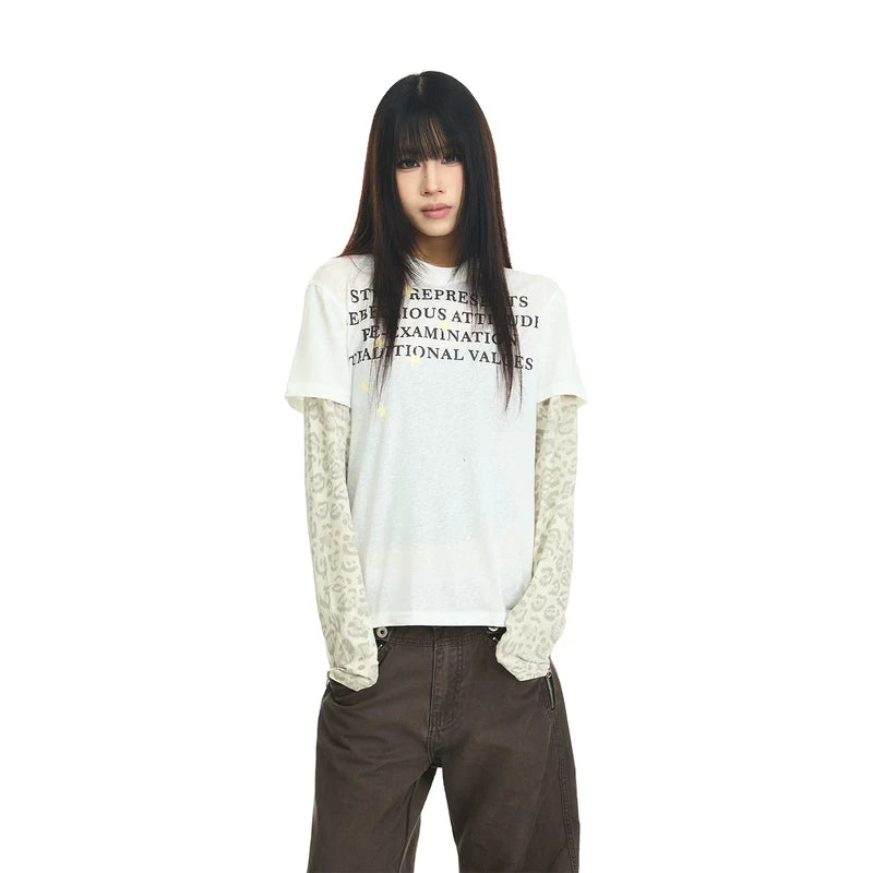 6263266411035,6263266411036,6263266411037, Graphic Print Faux Two-Piece Long-Sleeve T-Shirt