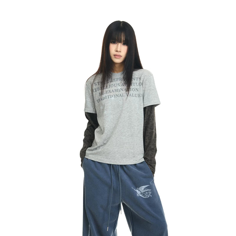 6263266411038,6263266411039,6263266411040, Graphic Print Faux Two-Piece Long-Sleeve T-Shirt
