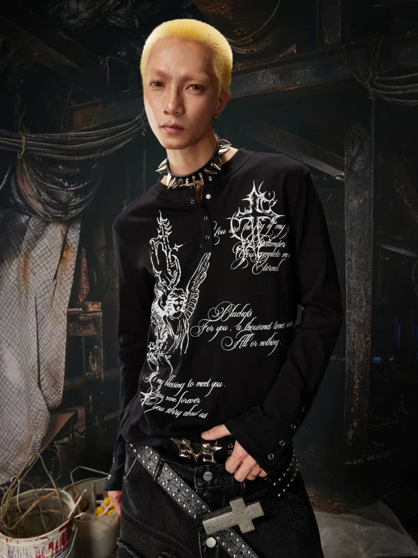Graphic Print Henley Long Sleeve T-Shirt 2