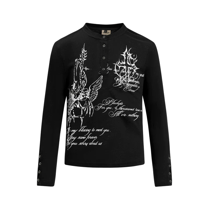 6212224863685,6212224863687,6212224863689,6212224863691, Graphic Print Henley Long Sleeve T-Shirt