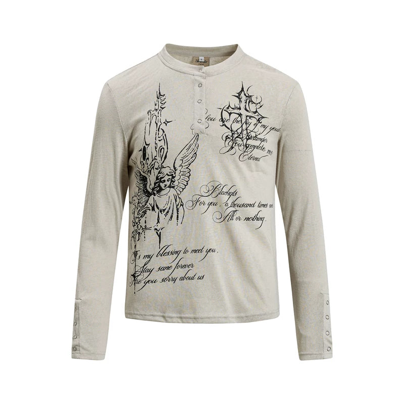 6212224863684,6212224863686,6212224863688,6212224863690, Graphic Print Henley Long Sleeve T-Shirt