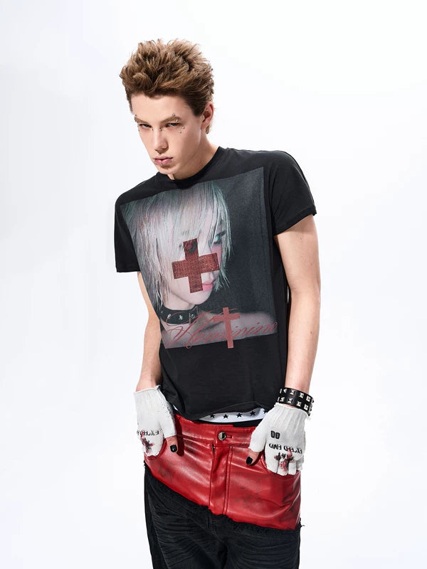Graphic Print Rhinestone Slim Fit T-Shirt 1