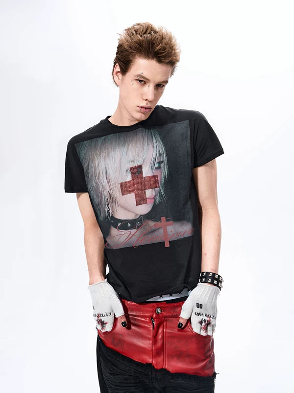 Graphic Print Rhinestone Slim Fit T-Shirt 2