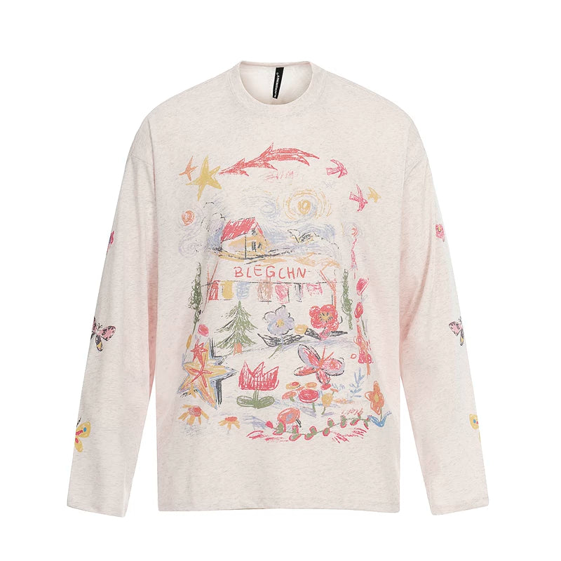 6016606541231,6016606541232,6016606541233,6016606541234, Graphic Printed Loose Fit Long Sleeve T-Shirt
