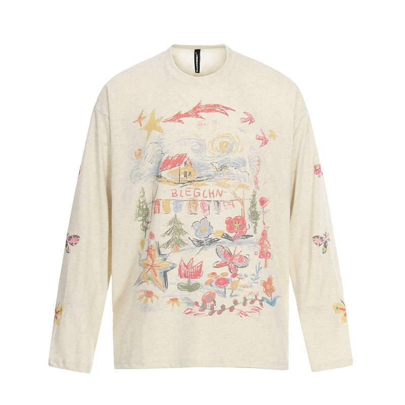 6016606541235,6016606541236,6016606541237,6016606541238, Graphic Printed Loose Fit Long Sleeve T-Shirt