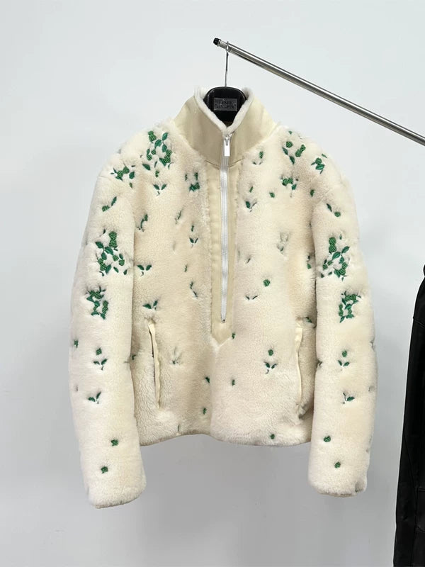 Half-Zip Embroidered Faux Fur Jacket 1