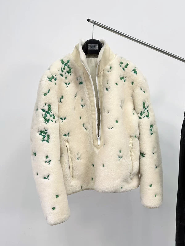 Half-Zip Embroidered Faux Fur Jacket 2