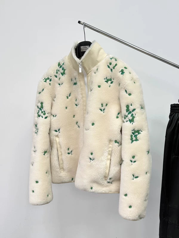 Half-Zip Embroidered Faux Fur Jacket 4