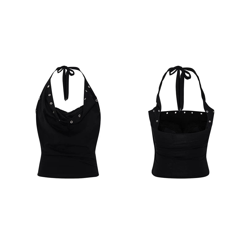 6102123608417,6102123608418,6102123608419, Halter Neck Vest and Rivet Shorts Set