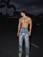 Hand-Painted Graffiti Design Washed Denim Pants 1