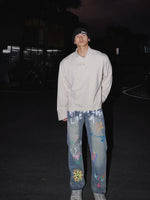 Hand-Painted Graffiti Design Washed Denim Pants 2