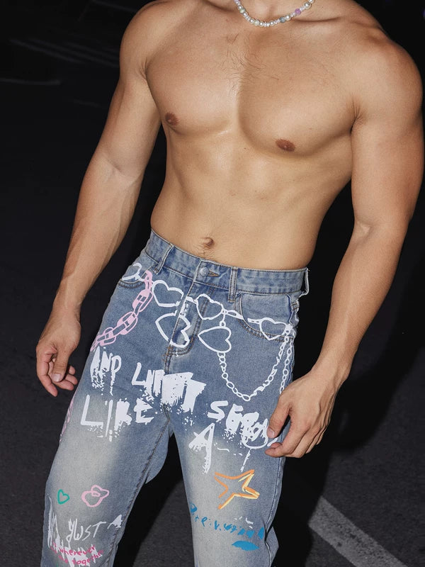 Hand-Painted Graffiti Design Washed Denim Pants 3
