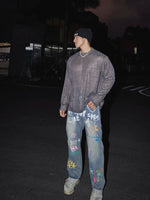 Hand-Painted Graffiti Design Washed Denim Pants 5