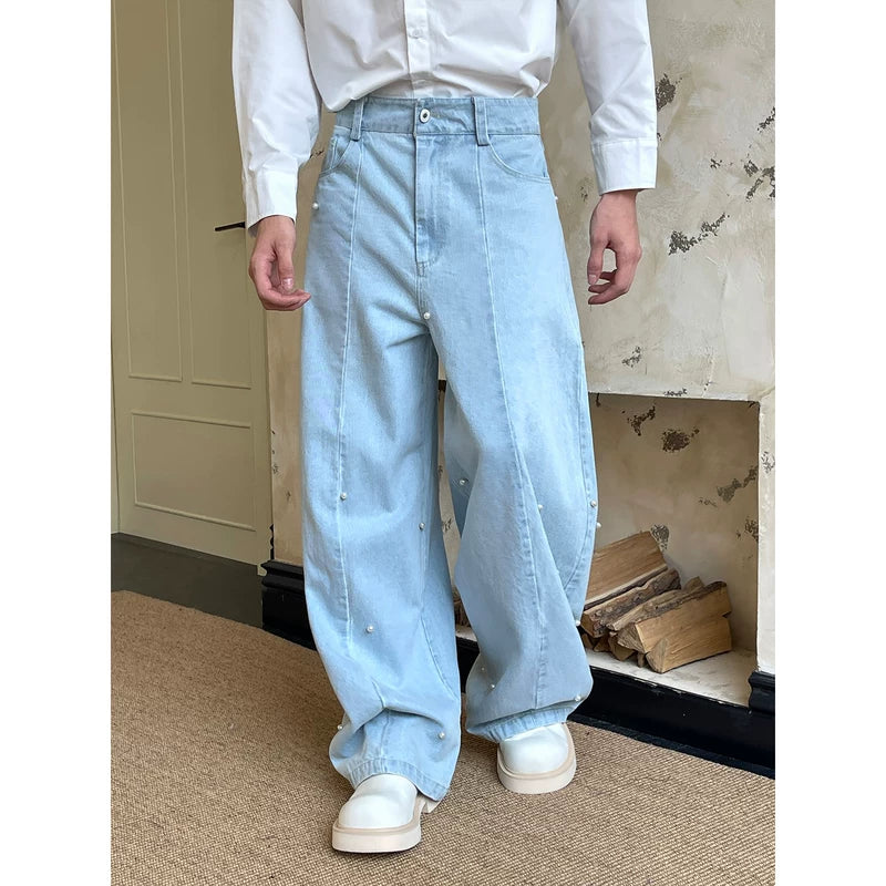 Hand-Sewn Pearl Wide-Leg Denim Pants 2