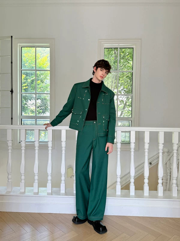 Handcrafted Gemstone Stitching Short Jacket Pants Set 2