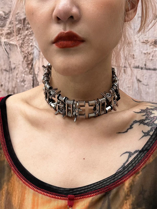 Hardcore Punk Style Cross Choker Necklace 1