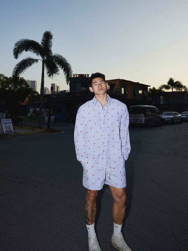 Heart Embroidered Striped Shirt and Shorts 1