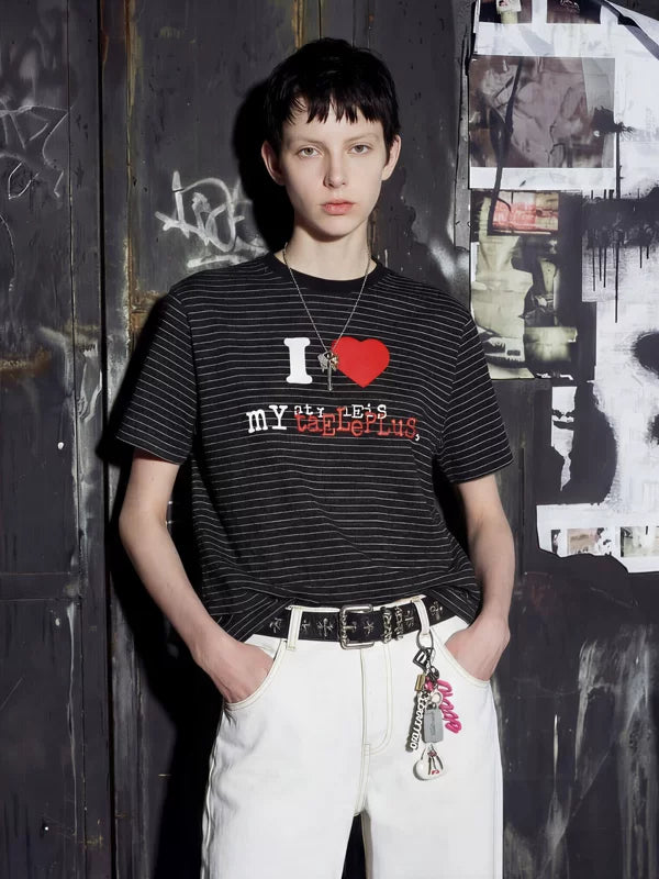 Heart Slogan Striped Graphic Street T-Shirt 2