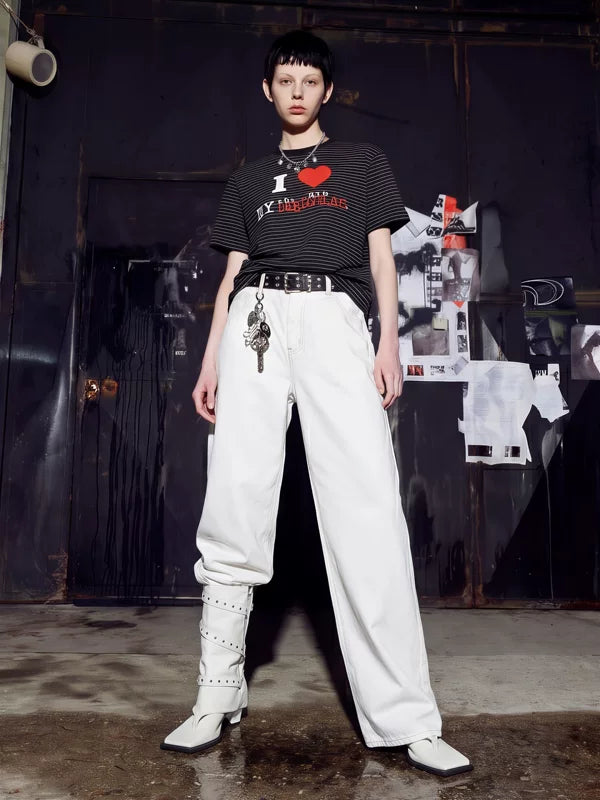 Heart Slogan Striped Graphic Street T-Shirt 4