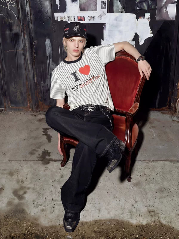 Heart Slogan Striped Graphic Street T-Shirt 5