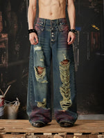 Heavy-Duty Distressed Double Waistband Wide Jeans 1